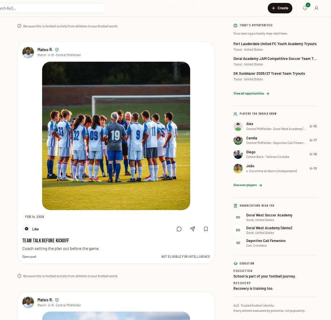 The AyO feed showing athlete match highlights, opportunities and people to follow